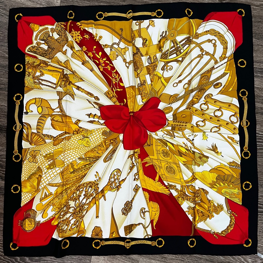Hermes Red and Gold Silk Scarf with Dynamic Starburst Design